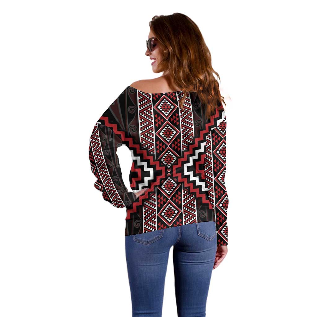 Red Tukutuku Pattern Aotearoa Off Shoulder Sweater Niho Taniwha and Puhoro Motifs LT7 - Polynesian Pride