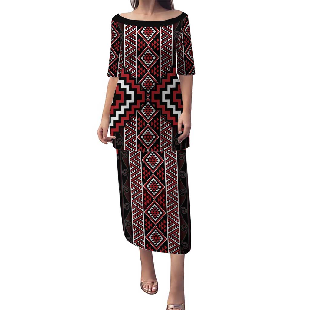 Red Tukutuku Pattern Aotearoa Puletasi Niho Taniwha and Puhoro Motifs LT7 Long Dress Red - Polynesian Pride