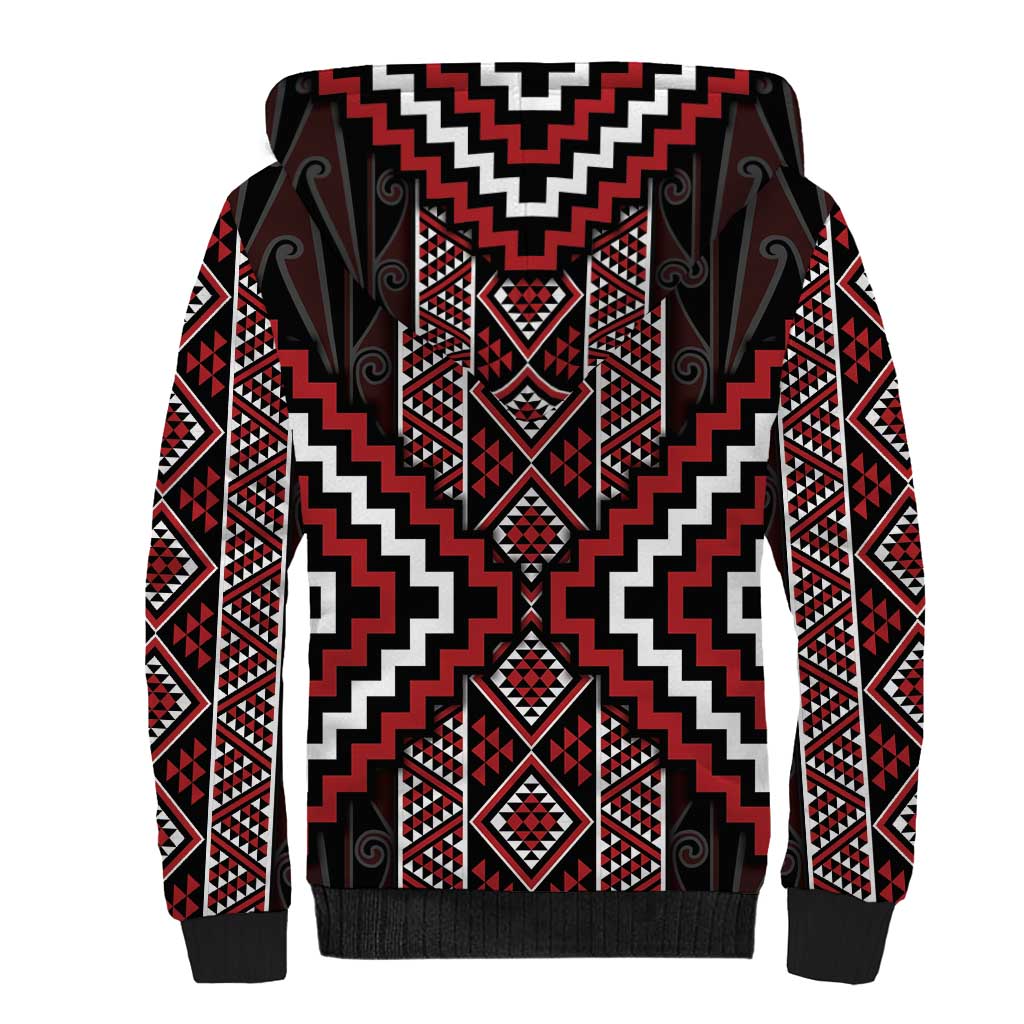Red Tukutuku Pattern Aotearoa Sherpa Hoodie Niho Taniwha and Puhoro Motifs LT7 - Polynesian Pride