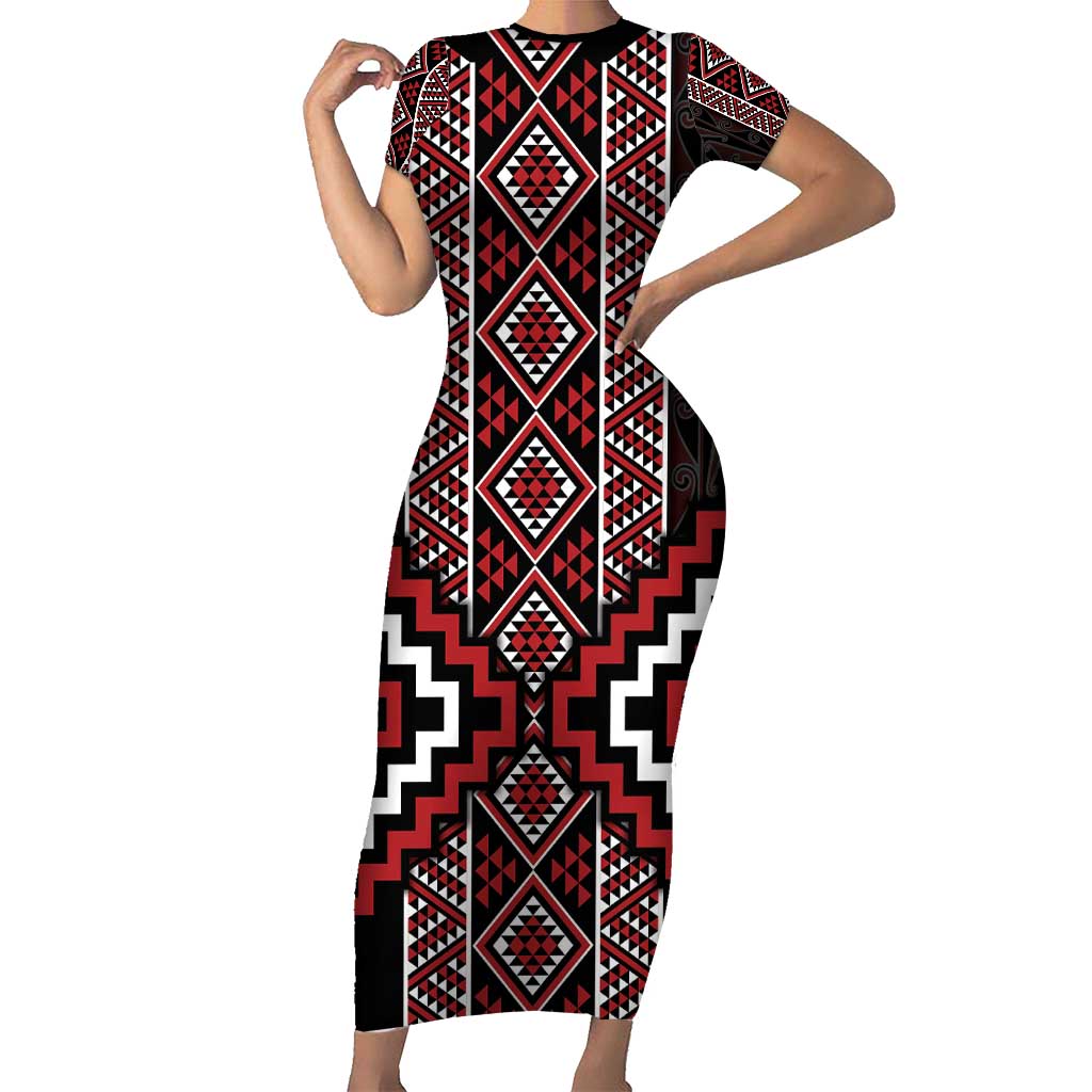 Red Tukutuku Pattern Aotearoa Short Sleeve Bodycon Dress Niho Taniwha and Puhoro Motifs LT7 Long Dress Red - Polynesian Pride