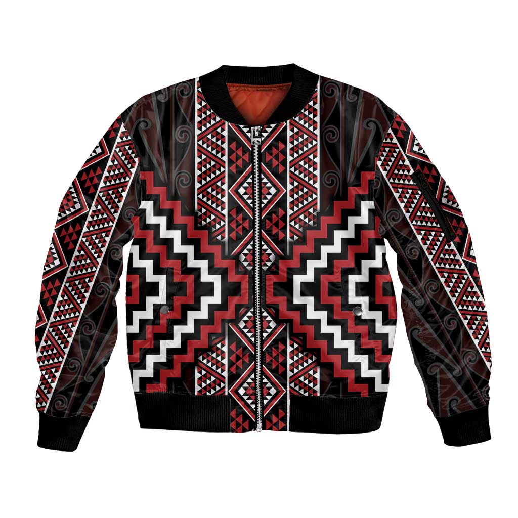 Red Tukutuku Pattern Aotearoa Sleeve Zip Bomber Jacket Niho Taniwha and Puhoro Motifs LT7 Unisex Red - Polynesian Pride