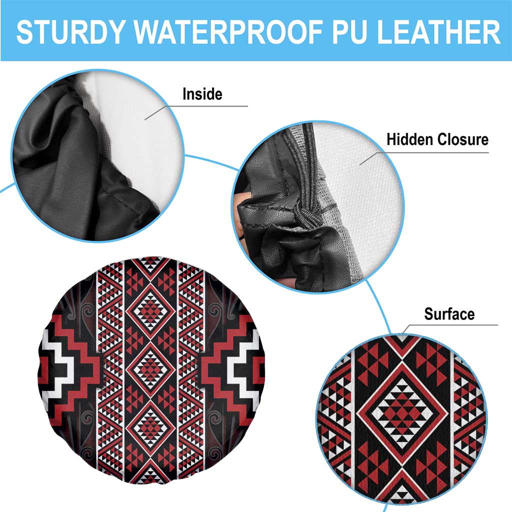 Red Tukutuku Pattern Aotearoa Spare Tire Cover Niho Taniwha and Puhoro Motifs
