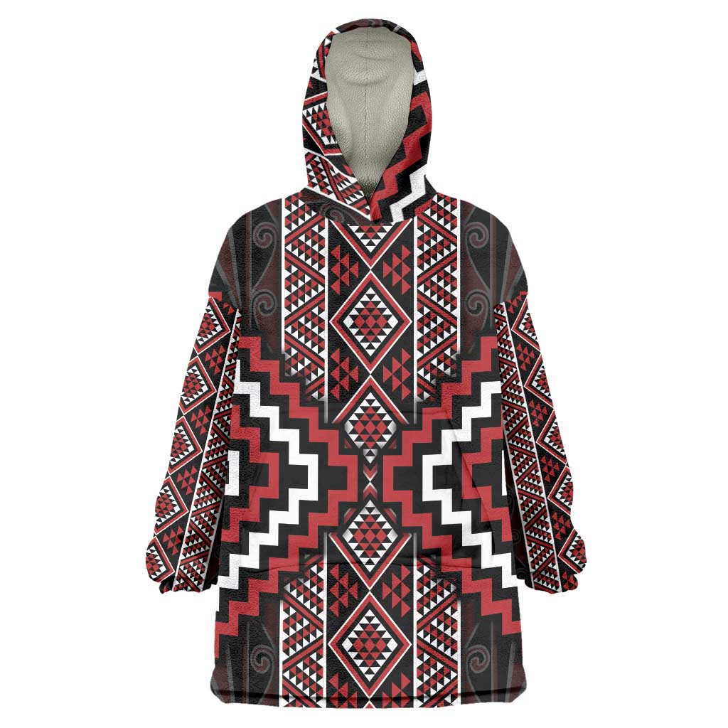 Red Tukutuku Pattern Aotearoa Wearable Blanket Hoodie Niho Taniwha and Puhoro Motifs LT7 One Size Red - Polynesian Pride