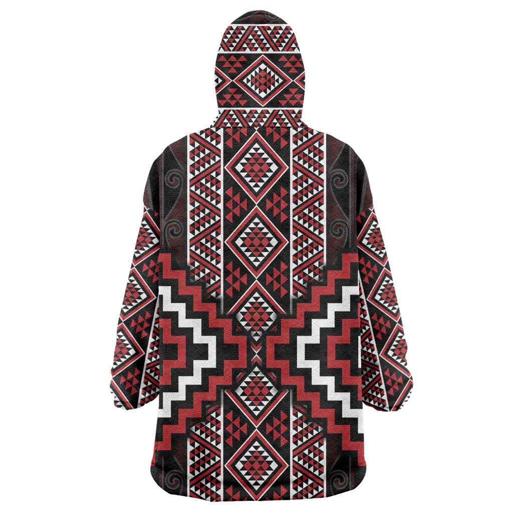 Red Tukutuku Pattern Aotearoa Wearable Blanket Hoodie Niho Taniwha and Puhoro Motifs LT7 - Polynesian Pride