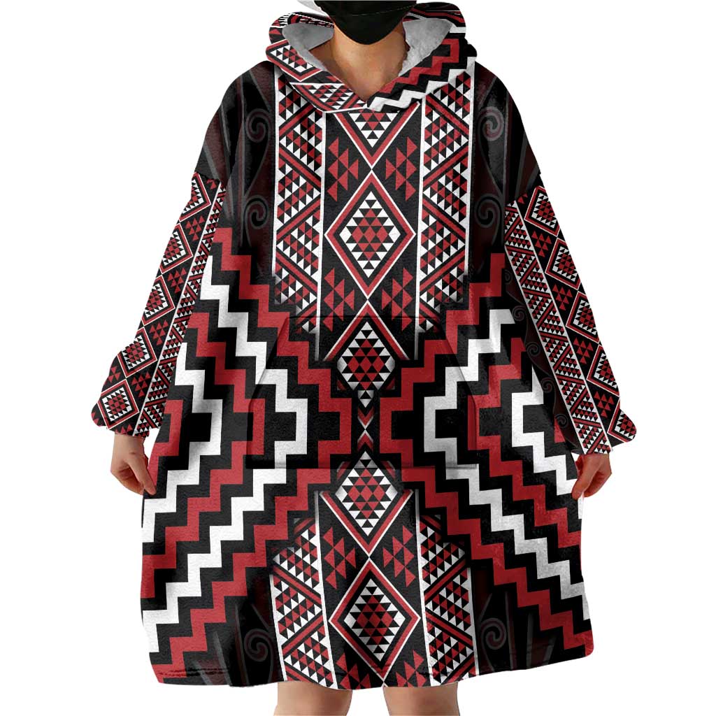 Red Tukutuku Pattern Aotearoa Wearable Blanket Hoodie Niho Taniwha and Puhoro Motifs LT7 - Polynesian Pride
