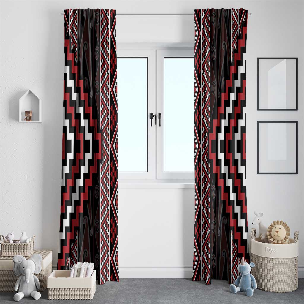 Red Tukutuku Pattern Aotearoa Window Curtain Niho Taniwha and Puhoro Motifs