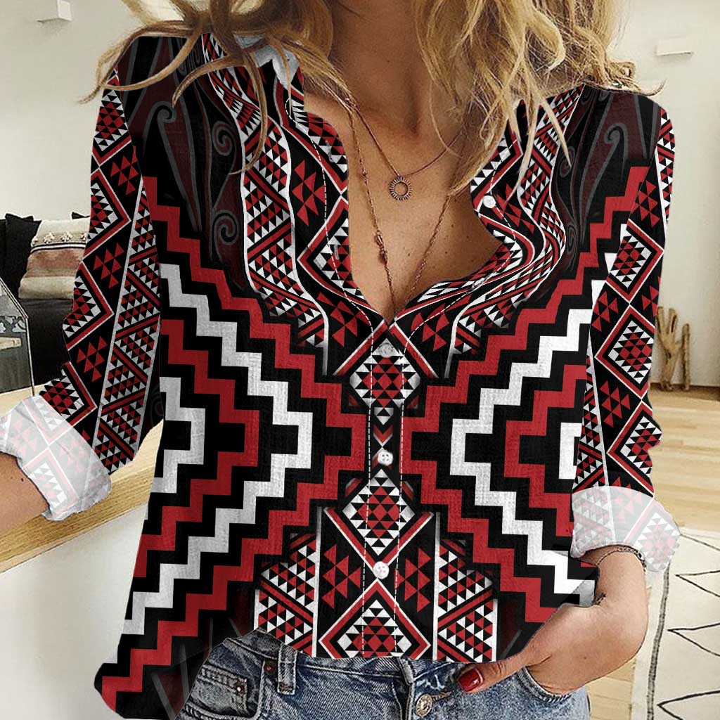 Red Tukutuku Pattern Aotearoa Women Casual Shirt Niho Taniwha and Puhoro Motifs LT7 Female Red - Polynesian Pride