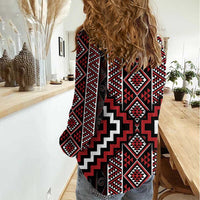 Red Tukutuku Pattern Aotearoa Women Casual Shirt Niho Taniwha and Puhoro Motifs