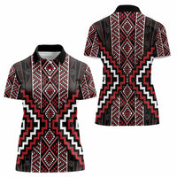 Red Tukutuku Pattern Aotearoa Women Polo Shirt Niho Taniwha and Puhoro Motifs