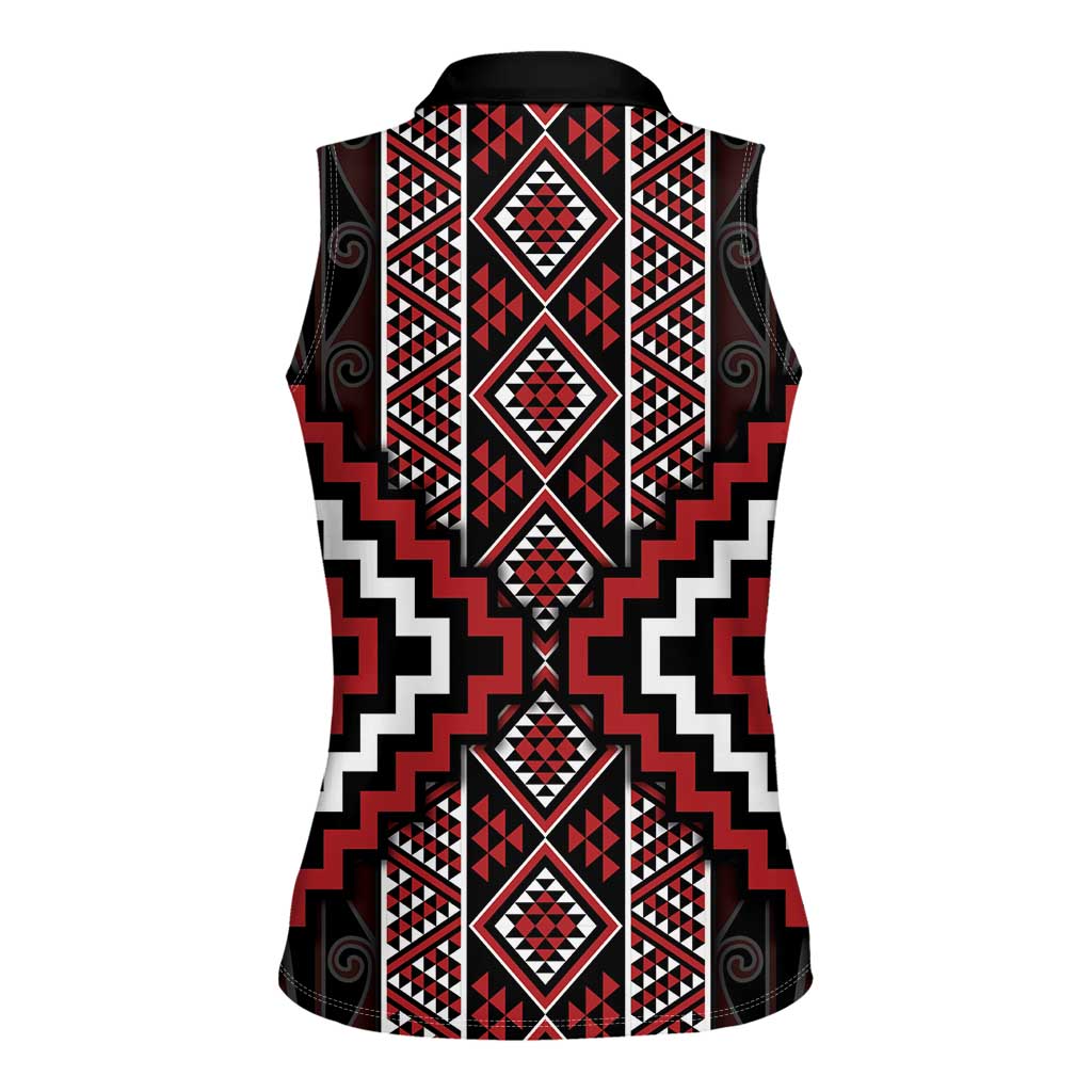 Red Tukutuku Pattern Aotearoa Women Sleeveless Polo Shirt Niho Taniwha and Puhoro Motifs