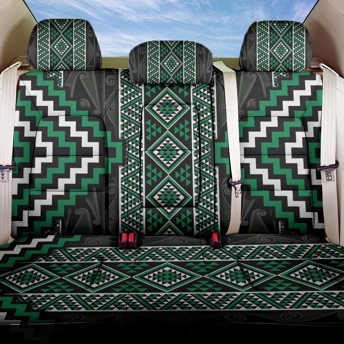 Jade Tukutuku Pattern Aotearoa Back Car Seat Cover Niho Taniwha and Puhoro Motifs LT7 One Size Green - Polynesian Pride