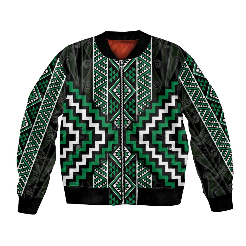Jade Tukutuku Pattern Aotearoa Bomber Jacket Niho Taniwha and Puhoro Motifs LT7 Unisex Green - Polynesian Pride