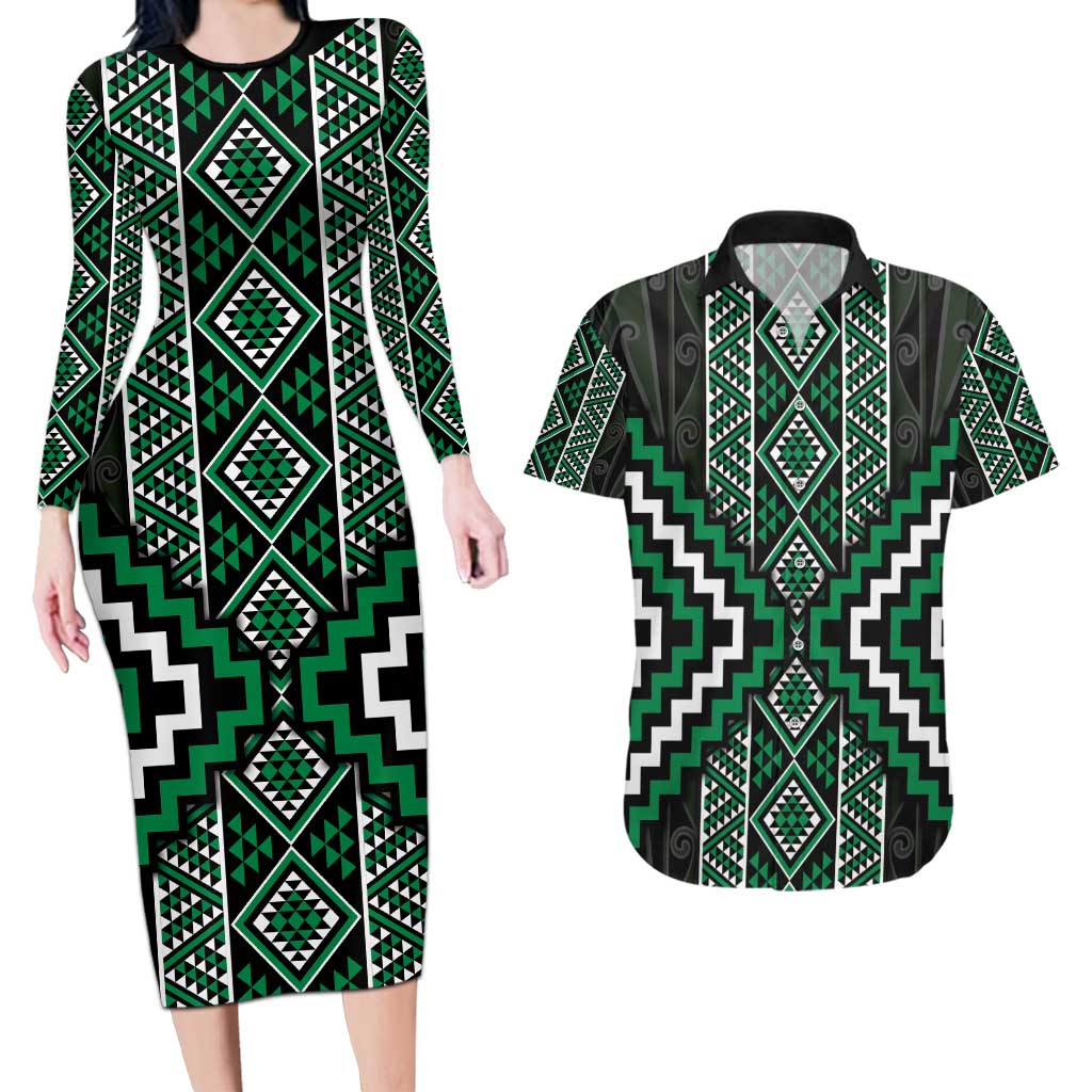 Jade Tukutuku Pattern Aotearoa Couples Matching Long Sleeve Bodycon Dress and Hawaiian Shirt Niho Taniwha and Puhoro Motifs LT7 Green - Polynesian Pride