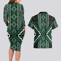Jade Tukutuku Pattern Aotearoa Couples Matching Long Sleeve Bodycon Dress and Hawaiian Shirt Niho Taniwha and Puhoro Motifs LT7 - Polynesian Pride