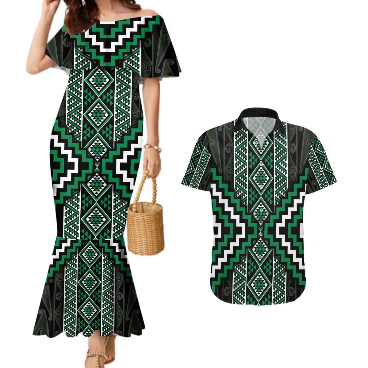 Jade Tukutuku Pattern Aotearoa Couples Matching Mermaid Dress and Hawaiian Shirt Niho Taniwha and Puhoro Motifs LT7 Green - Polynesian Pride