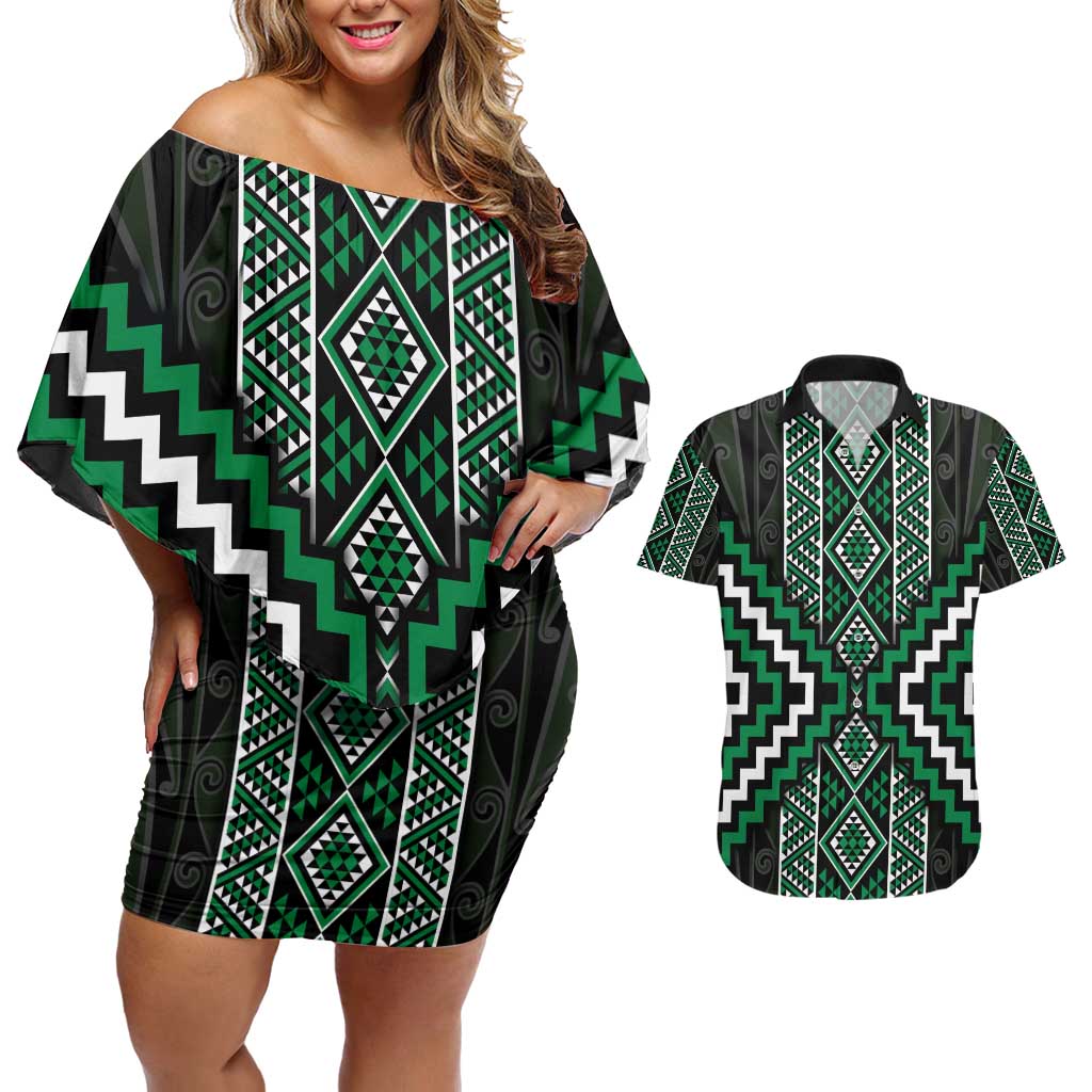 Jade Tukutuku Pattern Aotearoa Couples Matching Off Shoulder Short Dress and Hawaiian Shirt Niho Taniwha and Puhoro Motifs LT7 Green - Polynesian Pride