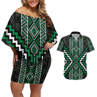 Jade Tukutuku Pattern Aotearoa Couples Matching Off Shoulder Short Dress and Hawaiian Shirt Niho Taniwha and Puhoro Motifs LT7 Green - Polynesian Pride