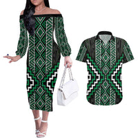 Jade Tukutuku Pattern Aotearoa Couples Matching Off The Shoulder Long Sleeve Dress and Hawaiian Shirt Niho Taniwha and Puhoro Motifs LT7 Green - Polynesian Pride