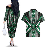 Jade Tukutuku Pattern Aotearoa Couples Matching Off The Shoulder Long Sleeve Dress and Hawaiian Shirt Niho Taniwha and Puhoro Motifs LT7 - Polynesian Pride