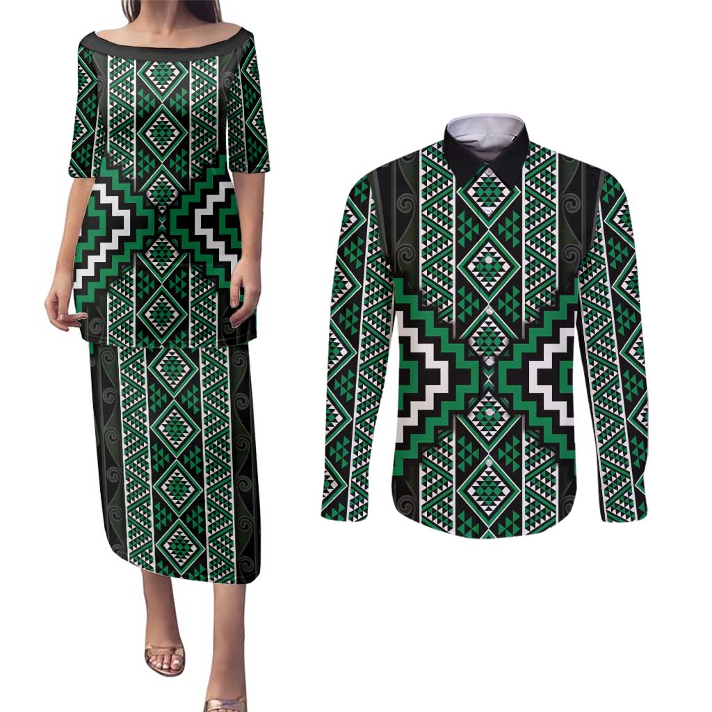 Jade Tukutuku Pattern Aotearoa Couples Matching Puletasi and Long Sleeve Button Shirt Niho Taniwha and Puhoro Motifs LT7 Green - Polynesian Pride