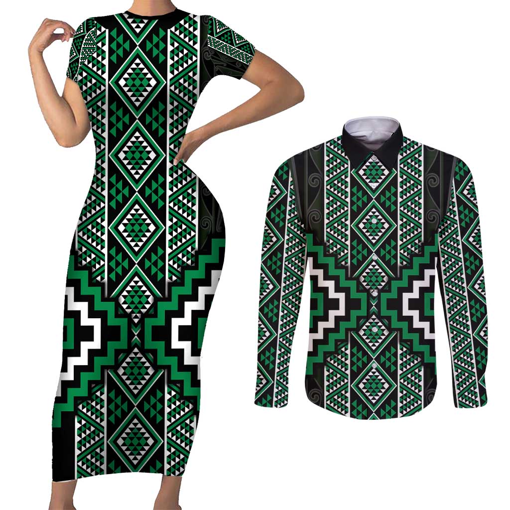 Jade Tukutuku Pattern Aotearoa Couples Matching Short Sleeve Bodycon Dress and Long Sleeve Button Shirt Niho Taniwha and Puhoro Motifs LT7 Green - Polynesian Pride