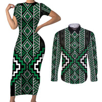 Jade Tukutuku Pattern Aotearoa Couples Matching Short Sleeve Bodycon Dress and Long Sleeve Button Shirt Niho Taniwha and Puhoro Motifs LT7 Green - Polynesian Pride
