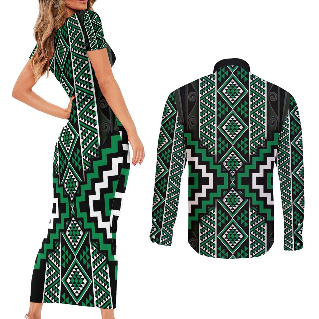 Jade Tukutuku Pattern Aotearoa Couples Matching Short Sleeve Bodycon Dress and Long Sleeve Button Shirt Niho Taniwha and Puhoro Motifs LT7 - Polynesian Pride
