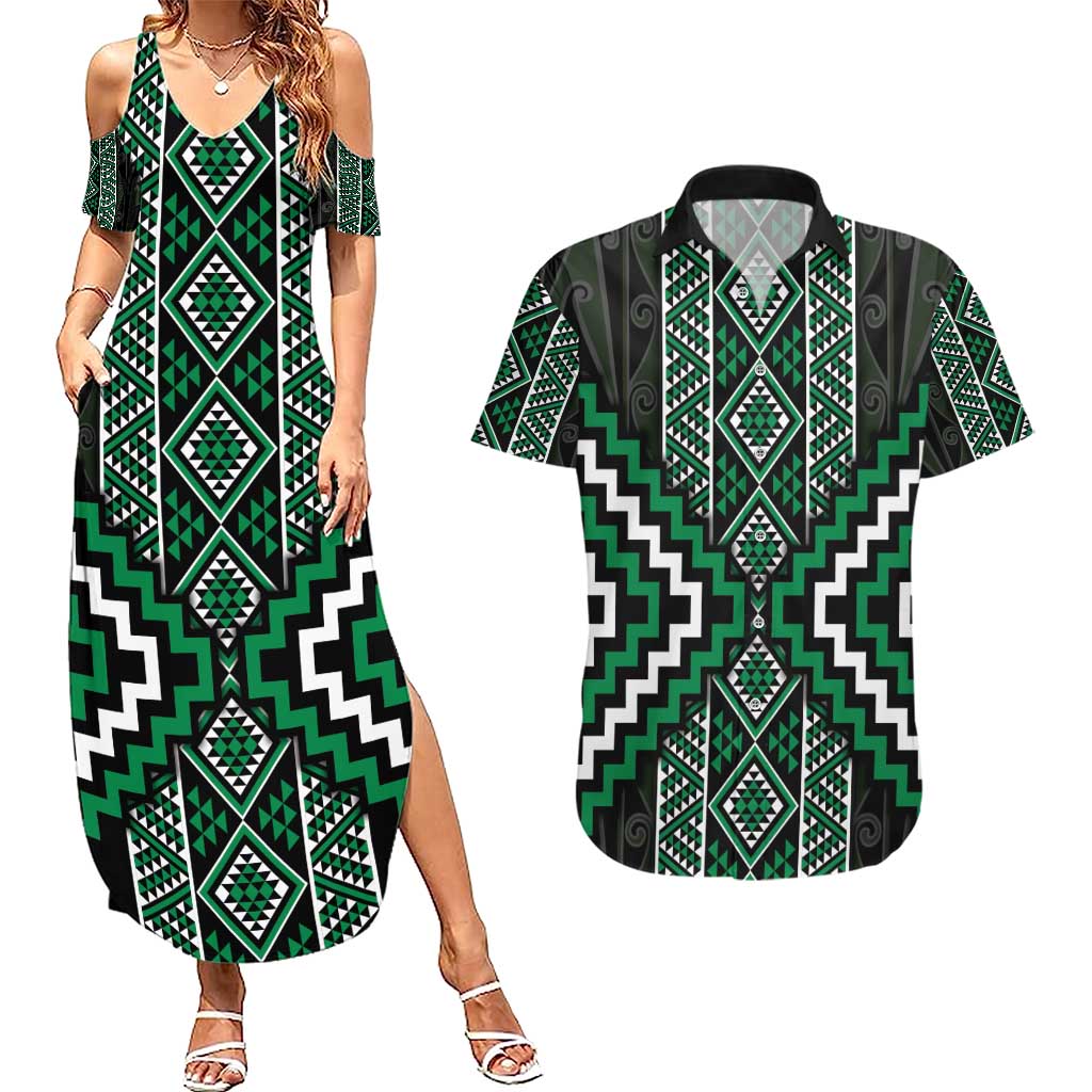 Jade Tukutuku Pattern Aotearoa Couples Matching Summer Maxi Dress and Hawaiian Shirt Niho Taniwha and Puhoro Motifs LT7 Green - Polynesian Pride