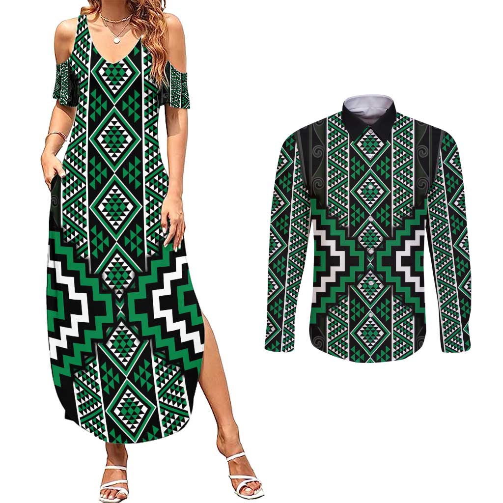 Jade Tukutuku Pattern Aotearoa Couples Matching Summer Maxi Dress and Long Sleeve Button Shirt Niho Taniwha and Puhoro Motifs LT7 Green - Polynesian Pride