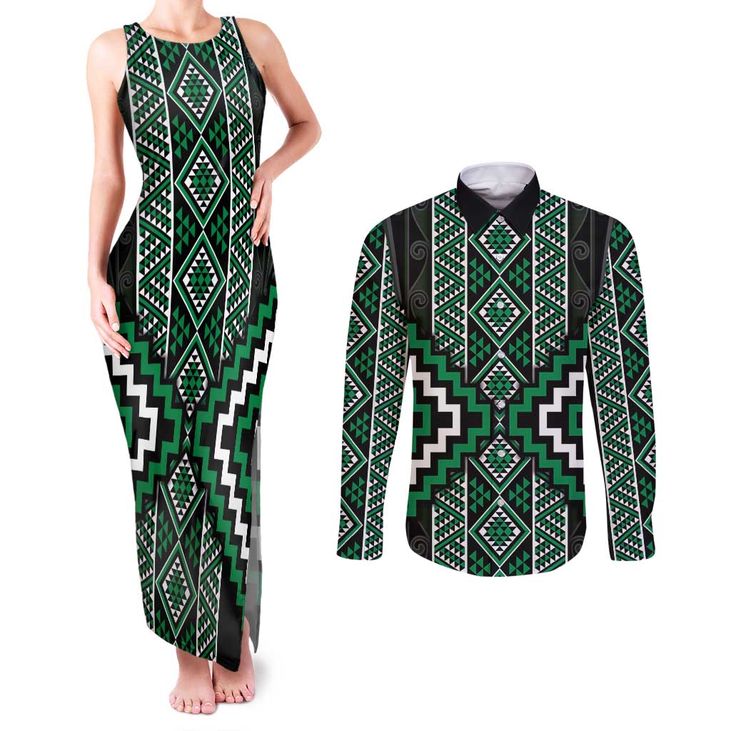 Jade Tukutuku Pattern Aotearoa Couples Matching Tank Maxi Dress and Long Sleeve Button Shirt Niho Taniwha and Puhoro Motifs LT7 Green - Polynesian Pride