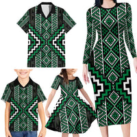 Jade Tukutuku Pattern Aotearoa Family Matching Long Sleeve Bodycon Dress and Hawaiian Shirt Niho Taniwha and Puhoro Motifs LT7 - Polynesian Pride
