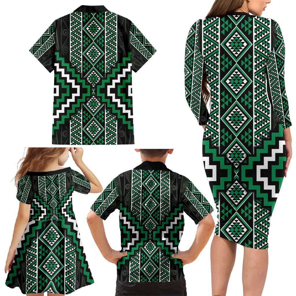 Jade Tukutuku Pattern Aotearoa Family Matching Long Sleeve Bodycon Dress and Hawaiian Shirt Niho Taniwha and Puhoro Motifs LT7 - Polynesian Pride