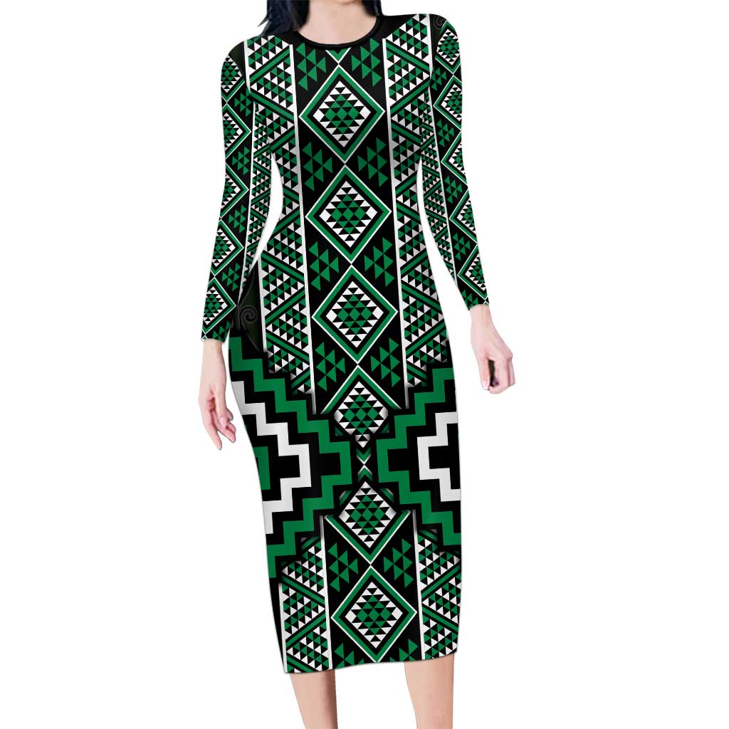 Jade Tukutuku Pattern Aotearoa Family Matching Long Sleeve Bodycon Dress and Hawaiian Shirt Niho Taniwha and Puhoro Motifs LT7 Mom's Dress Green - Polynesian Pride