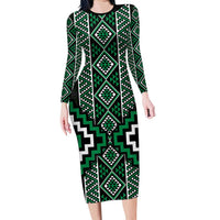 Jade Tukutuku Pattern Aotearoa Family Matching Long Sleeve Bodycon Dress and Hawaiian Shirt Niho Taniwha and Puhoro Motifs LT7 Mom's Dress Green - Polynesian Pride