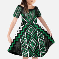 Jade Tukutuku Pattern Aotearoa Family Matching Mermaid Dress and Hawaiian Shirt Niho Taniwha and Puhoro Motifs LT7 Daughter's Dress Green - Polynesian Pride