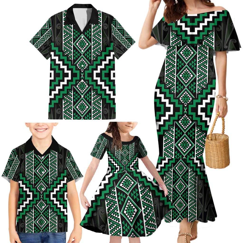 Jade Tukutuku Pattern Aotearoa Family Matching Mermaid Dress and Hawaiian Shirt Niho Taniwha and Puhoro Motifs LT7 - Polynesian Pride