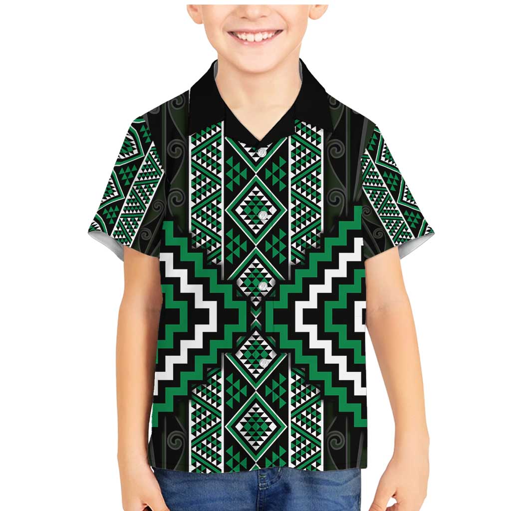 Jade Tukutuku Pattern Aotearoa Family Matching Mermaid Dress and Hawaiian Shirt Niho Taniwha and Puhoro Motifs LT7 Son's Shirt Green - Polynesian Pride