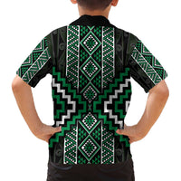 Jade Tukutuku Pattern Aotearoa Family Matching Off The Shoulder Long Sleeve Dress and Hawaiian Shirt Niho Taniwha and Puhoro Motifs LT7 - Polynesian Pride