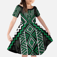 Jade Tukutuku Pattern Aotearoa Family Matching Off The Shoulder Long Sleeve Dress and Hawaiian Shirt Niho Taniwha and Puhoro Motifs LT7 Daughter's Dress Green - Polynesian Pride