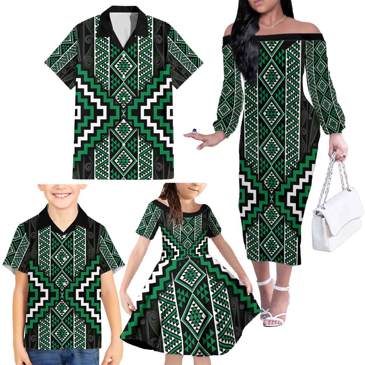 Jade Tukutuku Pattern Aotearoa Family Matching Off The Shoulder Long Sleeve Dress and Hawaiian Shirt Niho Taniwha and Puhoro Motifs LT7 - Polynesian Pride