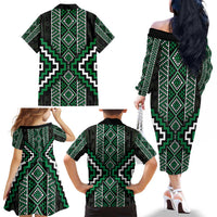 Jade Tukutuku Pattern Aotearoa Family Matching Off The Shoulder Long Sleeve Dress and Hawaiian Shirt Niho Taniwha and Puhoro Motifs LT7 - Polynesian Pride