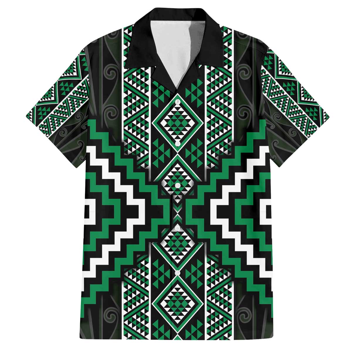 Jade Tukutuku Pattern Aotearoa Family Matching Off The Shoulder Long Sleeve Dress and Hawaiian Shirt Niho Taniwha and Puhoro Motifs LT7 Dad's Shirt - Short Sleeve Green - Polynesian Pride