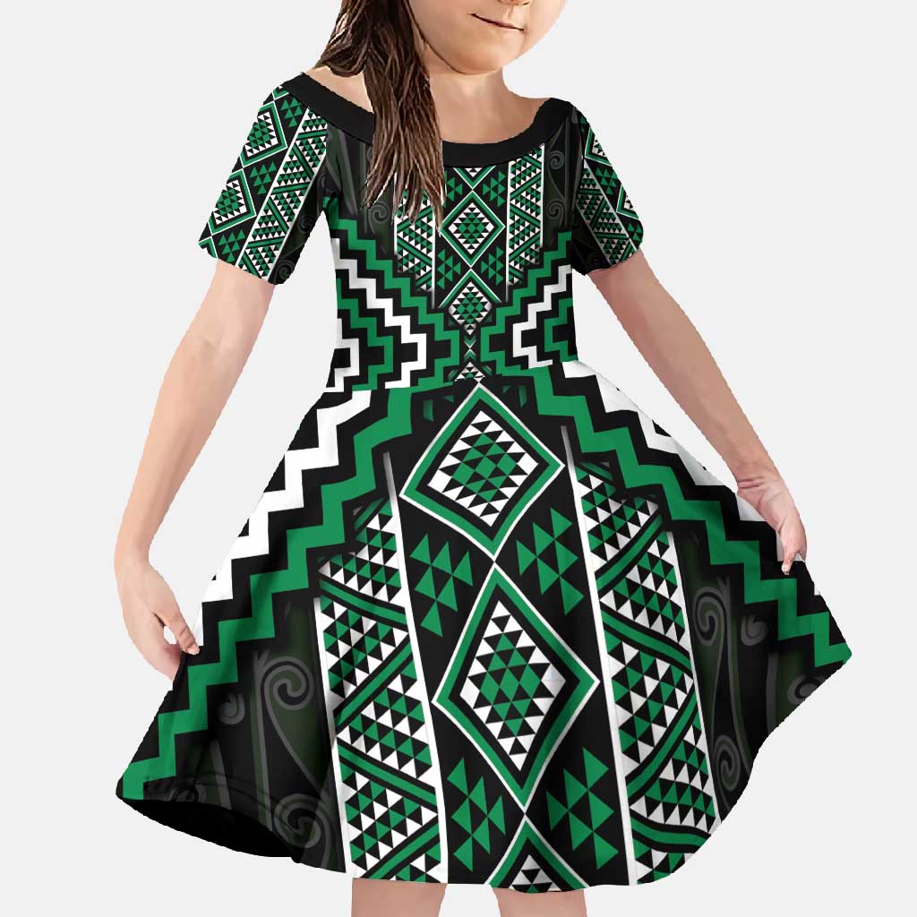 Jade Tukutuku Pattern Aotearoa Family Matching Off Shoulder Maxi Dress and Hawaiian Shirt Niho Taniwha and Puhoro Motifs LT7 Daughter's Dress Green - Polynesian Pride