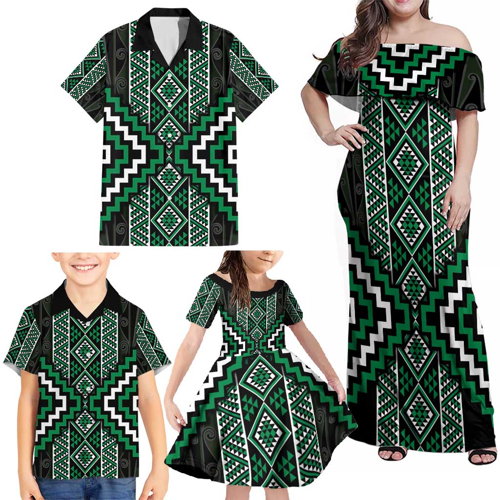 Jade Tukutuku Pattern Aotearoa Family Matching Off Shoulder Maxi Dress and Hawaiian Shirt Niho Taniwha and Puhoro Motifs LT7 - Polynesian Pride