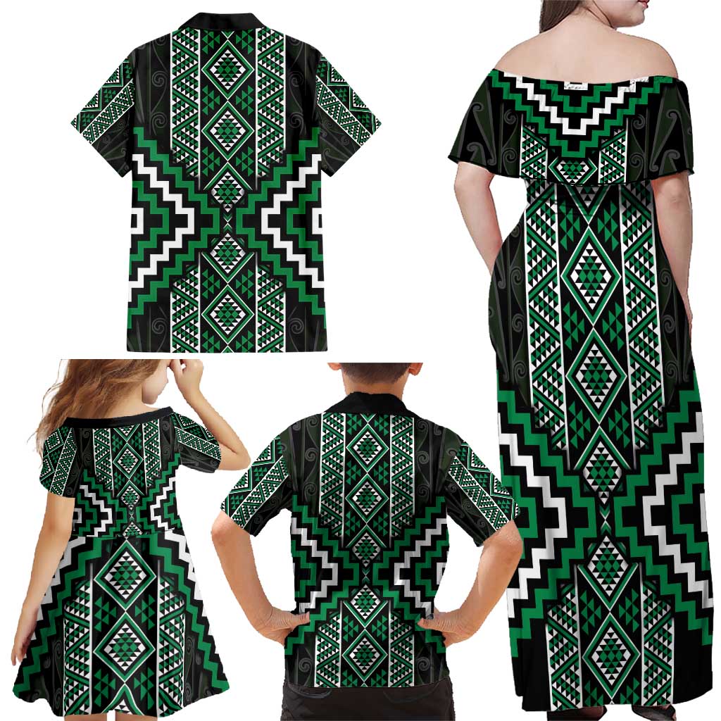 Jade Tukutuku Pattern Aotearoa Family Matching Off Shoulder Maxi Dress and Hawaiian Shirt Niho Taniwha and Puhoro Motifs LT7 - Polynesian Pride