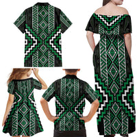 Jade Tukutuku Pattern Aotearoa Family Matching Off Shoulder Maxi Dress and Hawaiian Shirt Niho Taniwha and Puhoro Motifs LT7 - Polynesian Pride