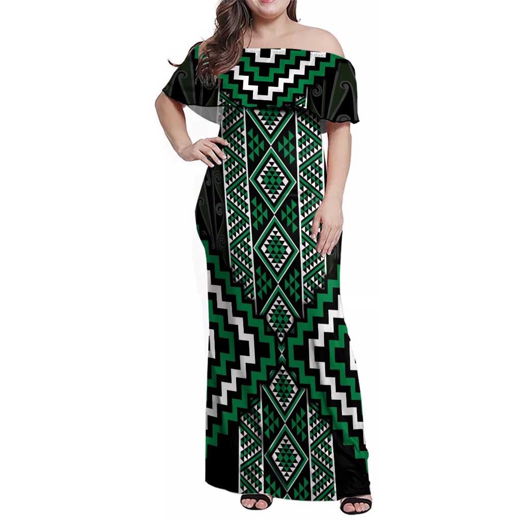 Jade Tukutuku Pattern Aotearoa Family Matching Off Shoulder Maxi Dress and Hawaiian Shirt Niho Taniwha and Puhoro Motifs LT7 Mom's Dress Green - Polynesian Pride