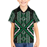 Jade Tukutuku Pattern Aotearoa Family Matching Off Shoulder Maxi Dress and Hawaiian Shirt Niho Taniwha and Puhoro Motifs LT7 Son's Shirt Green - Polynesian Pride