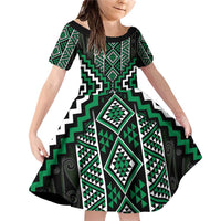 Jade Tukutuku Pattern Aotearoa Family Matching Off Shoulder Short Dress and Hawaiian Shirt Niho Taniwha and Puhoro Motifs LT7 Daughter's Dress Green - Polynesian Pride