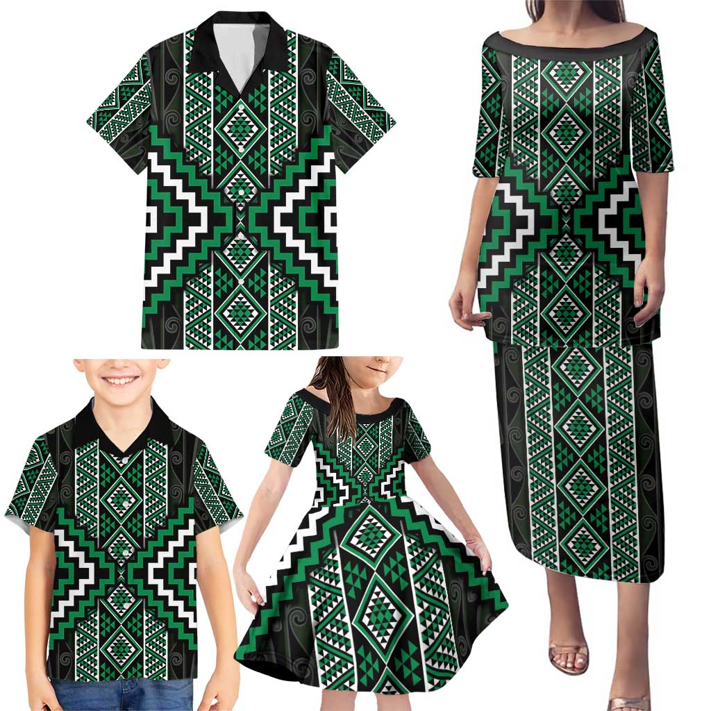 Jade Tukutuku Pattern Aotearoa Family Matching Puletasi and Hawaiian Shirt Niho Taniwha and Puhoro Motifs LT7 - Polynesian Pride